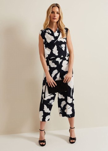 Phase Eight Noelle Floral Print Culotte Trousers Navy USA | 4561078-RK